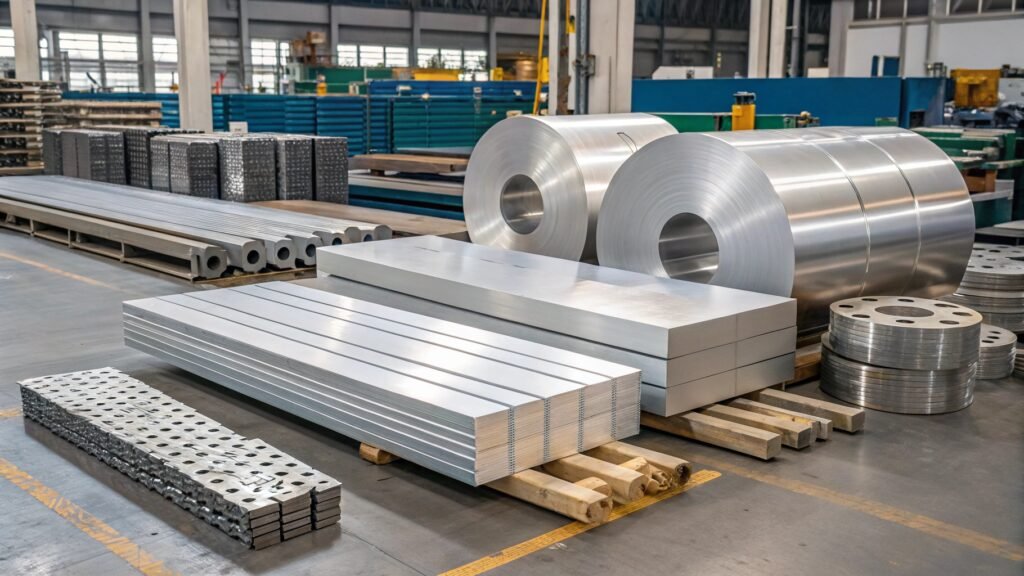 alt text: Collage showing diverse aluminum products: car frame, window profile, soda can, electrical wire